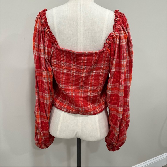 FREE PEOPLE Cherry Bomb Madrass Plaid Top in Red Hot Size Large New - Picture 5 of 14